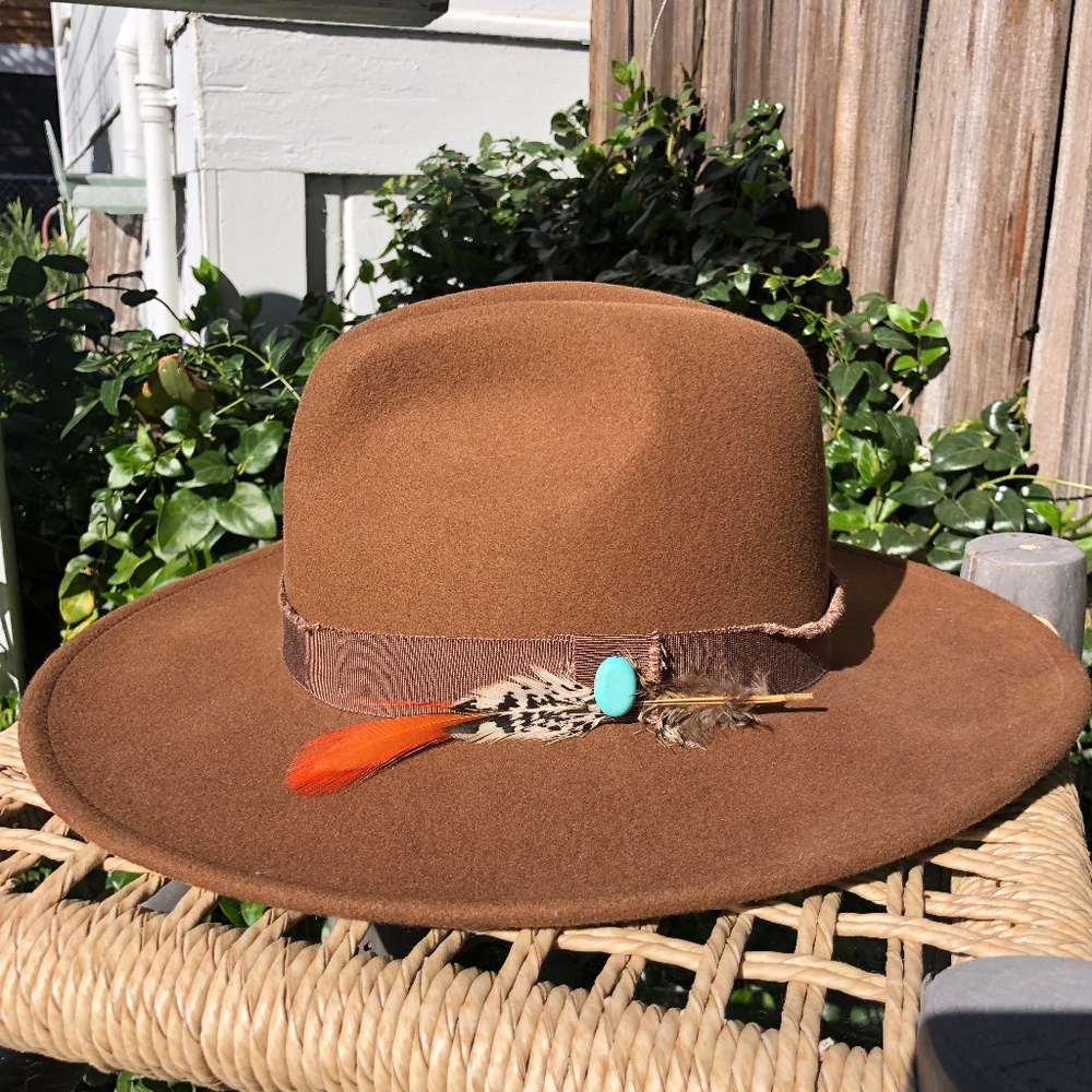 Brown Wide-Brim Felt Hat with Feather & Turquoise Accent